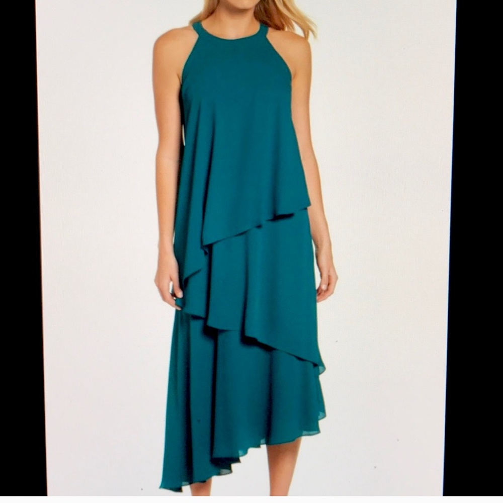 Maggy London Tiered Midi Dress Holiday Asymmetrical Cocktail Guest Festival 6